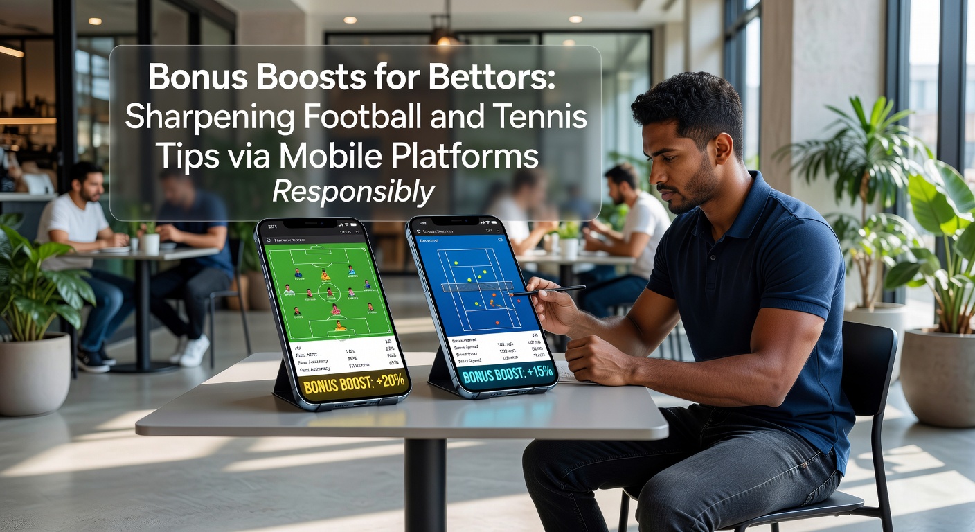 Tennisspeler serveert op court met overlay van mobiele betting app en bonusaanbieding