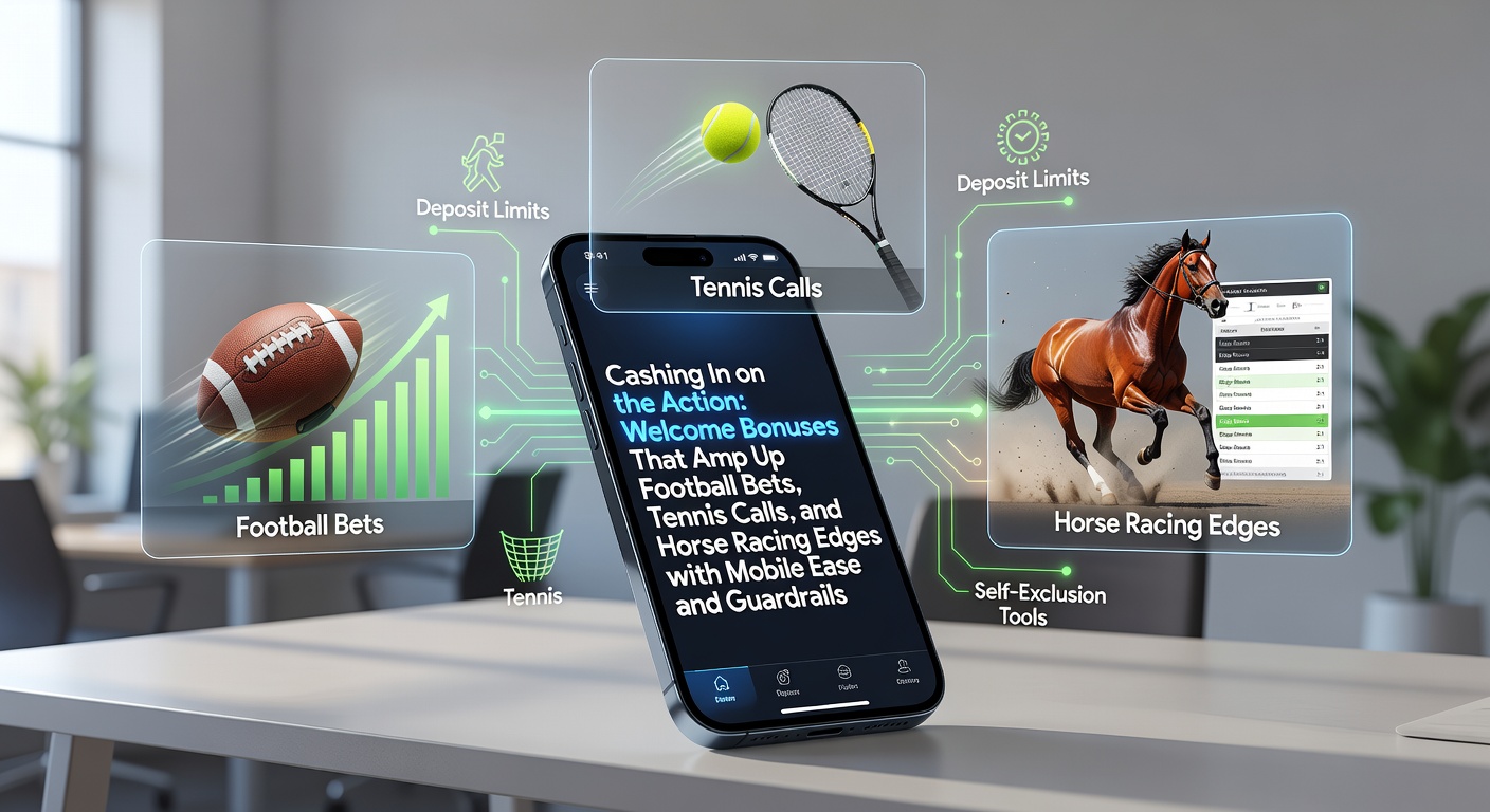 Promotiebeeld van een welkomstbonus voor sportweddenschappen met voetbal, tennis en paardenrennen op een mobiel scherm