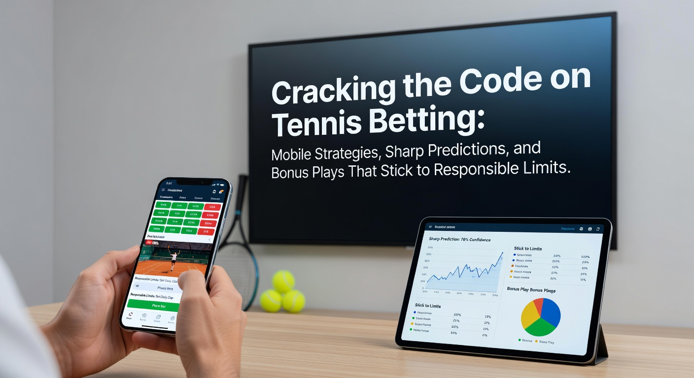 Tennisspeler serveert krachtig terwijl een mobiel scherm odds en voorspellingen toont tijdens een live wedstrijd