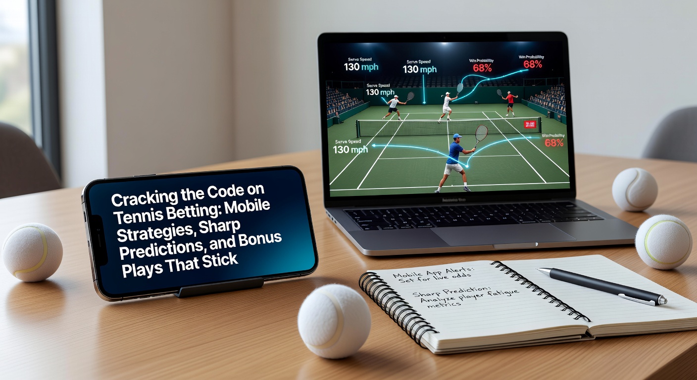 Grafiek met stijgende tennis odds lijnen, mobiele app interface en icons voor bonuses en limieten tijdens een spannende rally