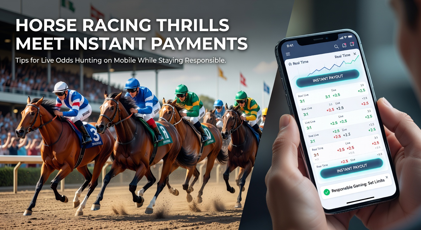 Spannende paardenrace met jockeys in volle galop op een zonnige renbaan, mobiele telefoon op de voorgrond met live odds app open