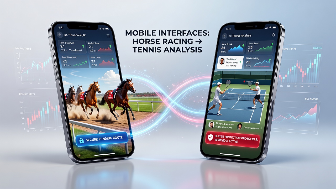 Mobiele interface die paardenrenmarkten en tennisanalyses naadloos koppelt met realtime odds en beveiligde transacties