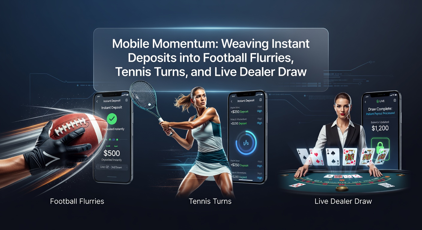 Live dealer blackjack op mobiel scherm met instant deposit knop en tennis match odds op achtergrond, illustrerend naadloze integratie