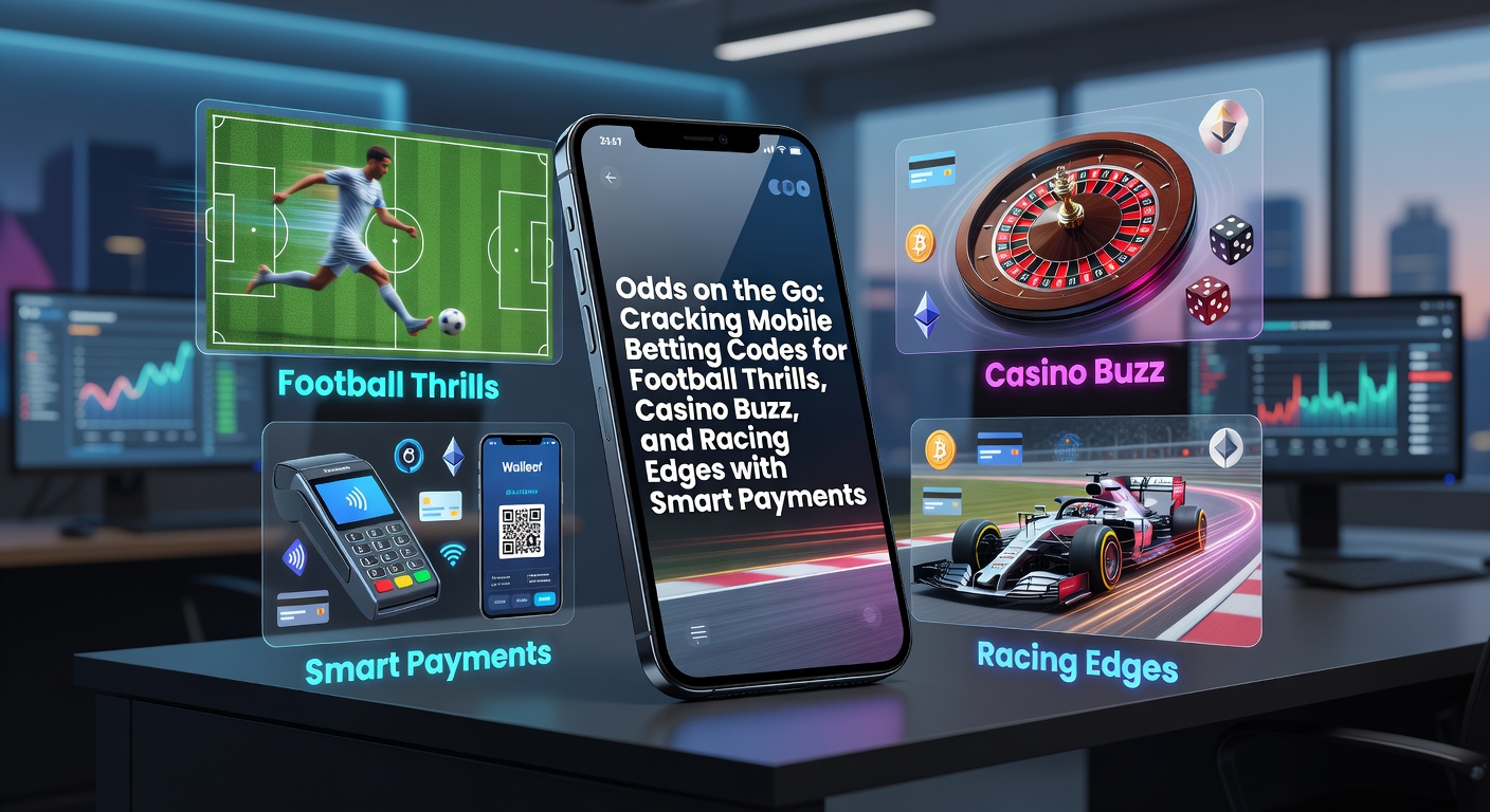 Mobiele telefoon met live voetbalodds en betaalopties op scherm, terwijl een renbaan op de achtergrond zichtbaar is