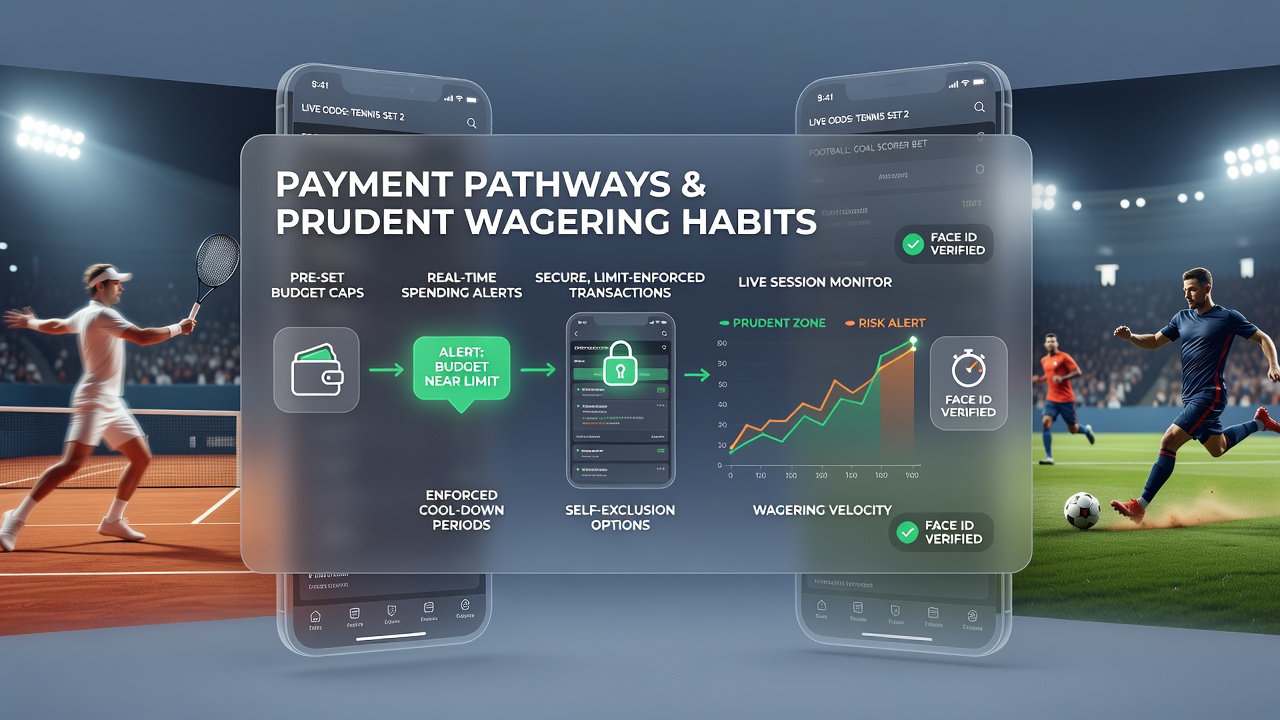 Gebruikersinterface van een mobiele betting app met waarschuwingen en limietopties tijdens live voetbal en tennis