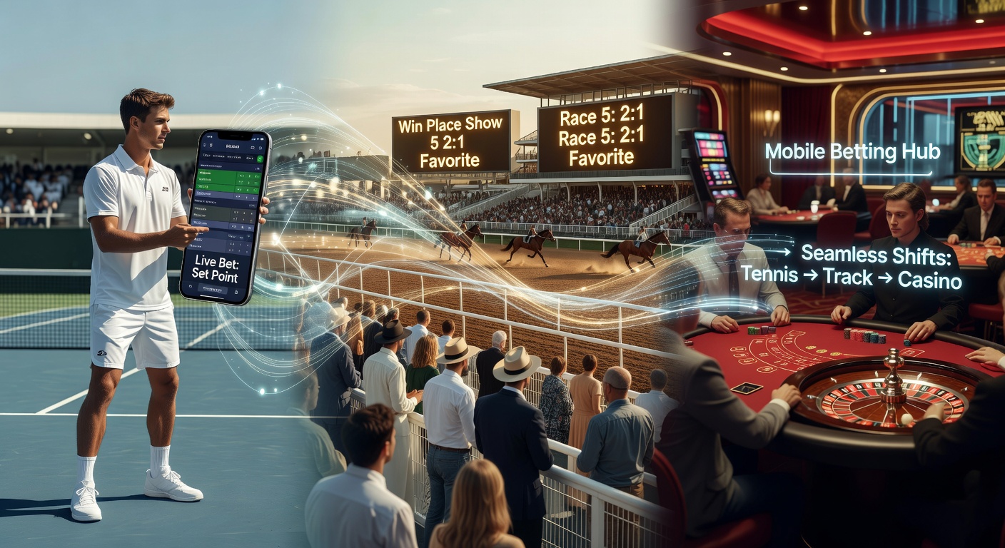 Mobiele telefoon met interfaces voor tennisweddenschappen, paardenrennen en live casino tafels, naadloos schakelend tussen sport en gokspellen