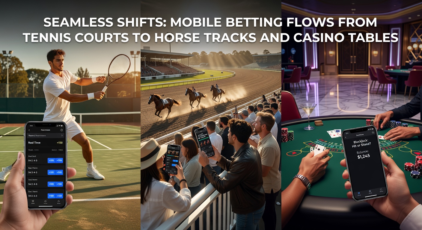 Schermopname van een mobiele app die live paardenrennen odds toont naast tennis live updates en casino tafels, met swipe-gebaren voor snelle wissels