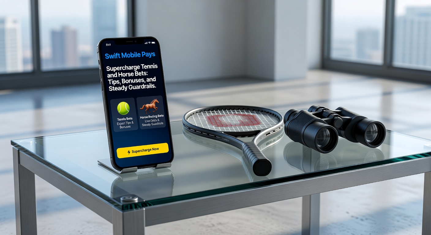 Paardenrennen actie met mobiele app die snelle bet en uitbetaling toont, tennis racket ernaast