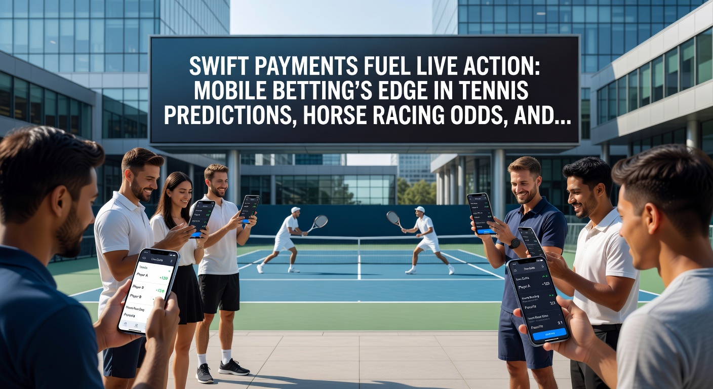 Paardenrennen in volle galop met overlay van mobiele app tonen odds en snelle betaalknoppen, illustrerend live betting snelheid