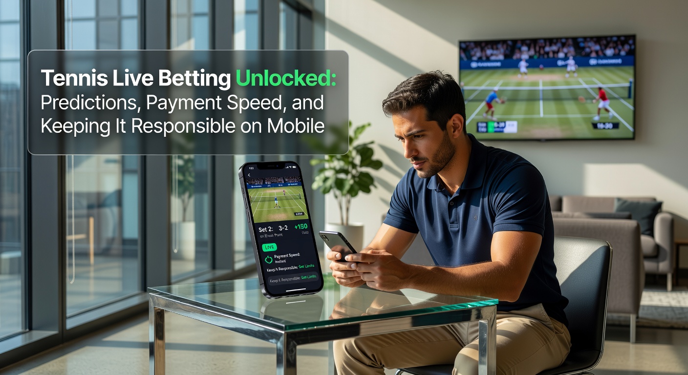 Mobiele telefoon toont live tennis odds en een snelle uitbetaling notificatie, met geldsymbool