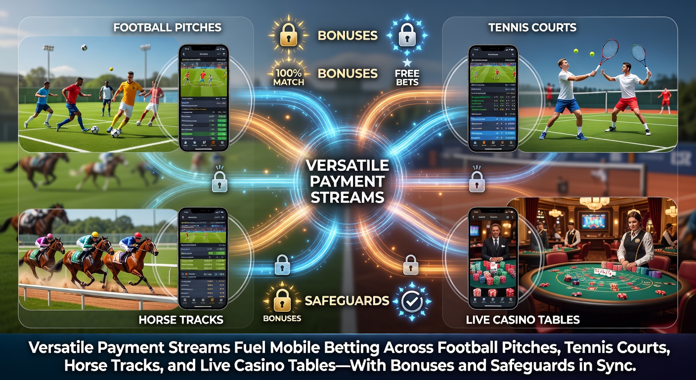 Mobiele telefoon met actieve weddenschappen op voetbal, tennis, paardenrennen en live casino, omringd door iconen van betaalmethoden zoals iDEAL, Apple Pay en crypto