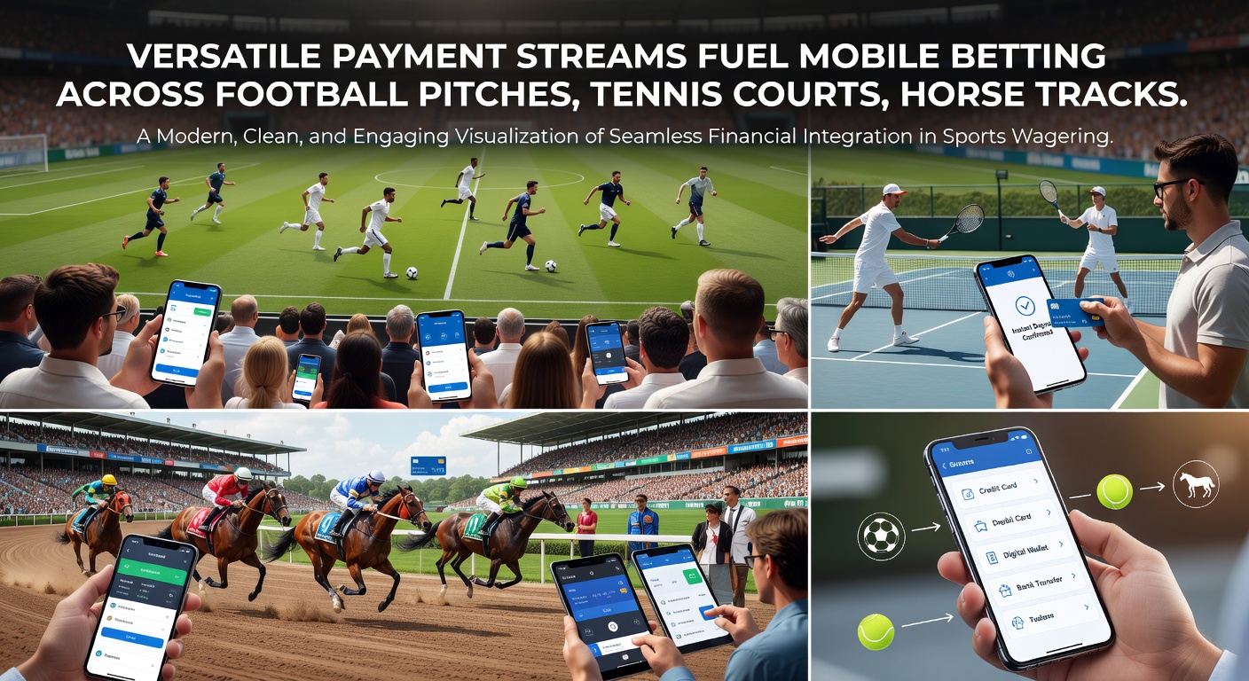 Dynamische scène van een tenniswedstrijd en paardenrace op een mobiel scherm, met overlay van betaaliconen en live odds