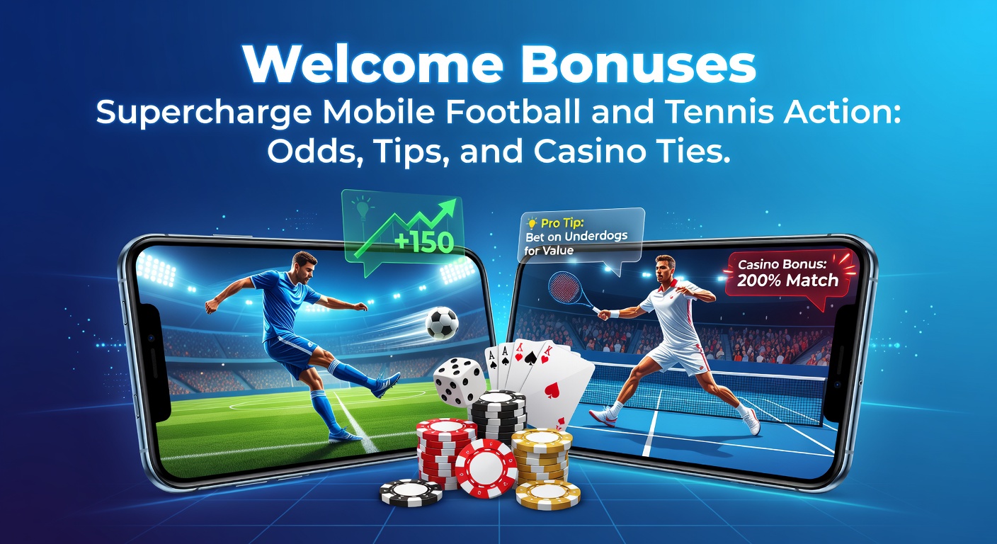 Mobiele app met welkomstbonus voor voetbalweddenschappen en tennisodds op een smartphone-scherm, met casino-elementen op de achtergrond