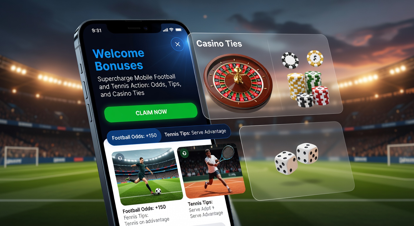 Tennisspeler serveert op court met overlay van mobiele betting odds en welkomstbonus icoon, gekoppeld aan casino chips