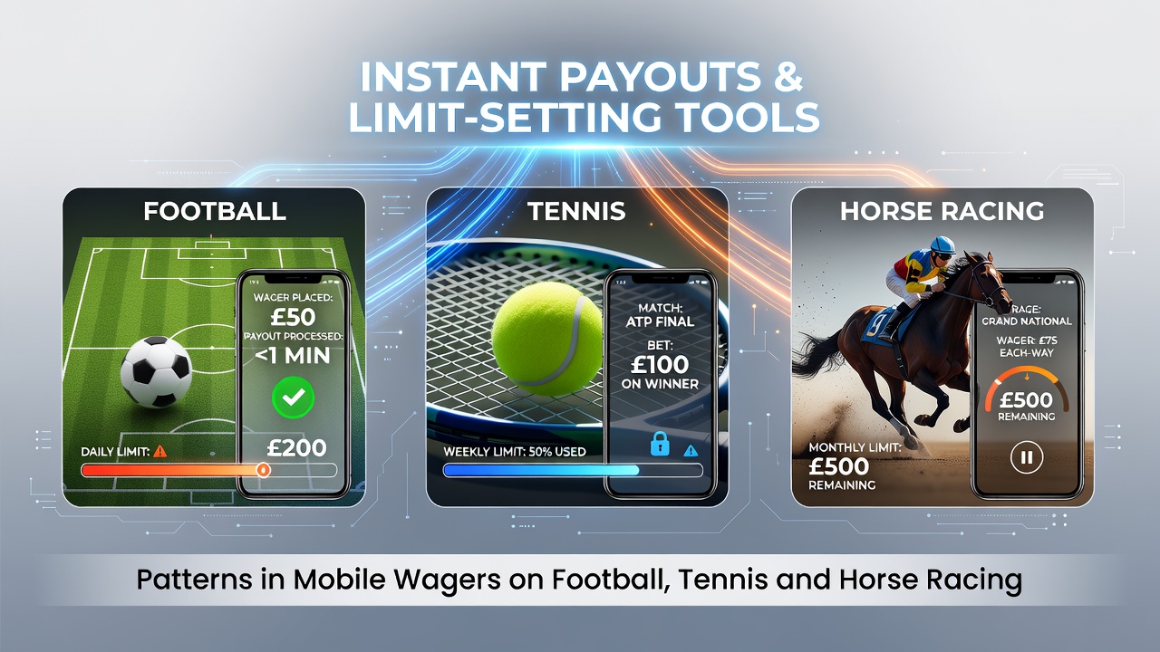 Illustratie van mobiele weddenschappen met instant uitbetalingen en limiettools voor voetbal, tennis en paardenrennen